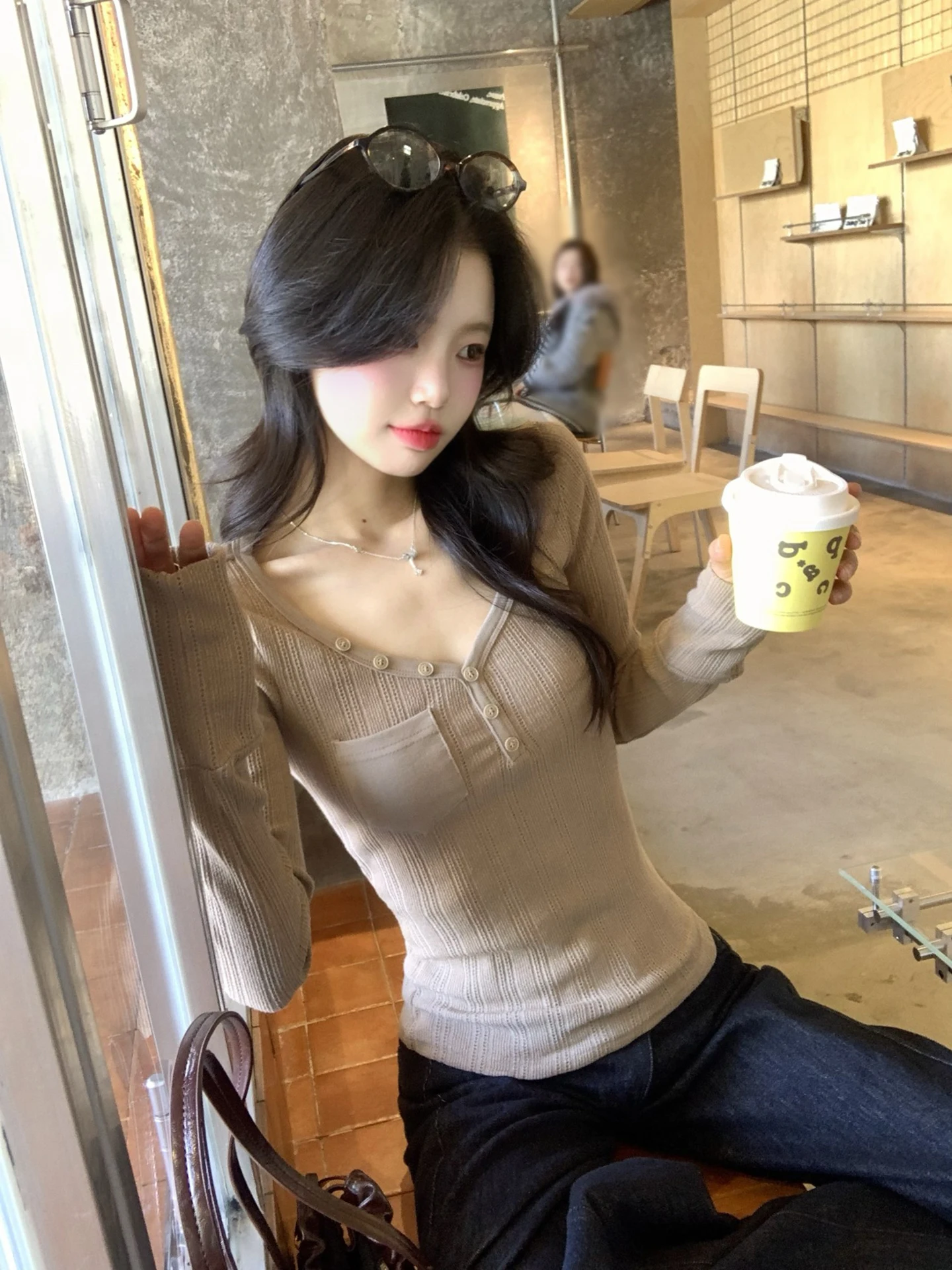 

Slim Fit Long Sve V-Ne Base irt Women's Winter Inner Wear High-End Feeling T-irt Sli Small Top Commute Sle