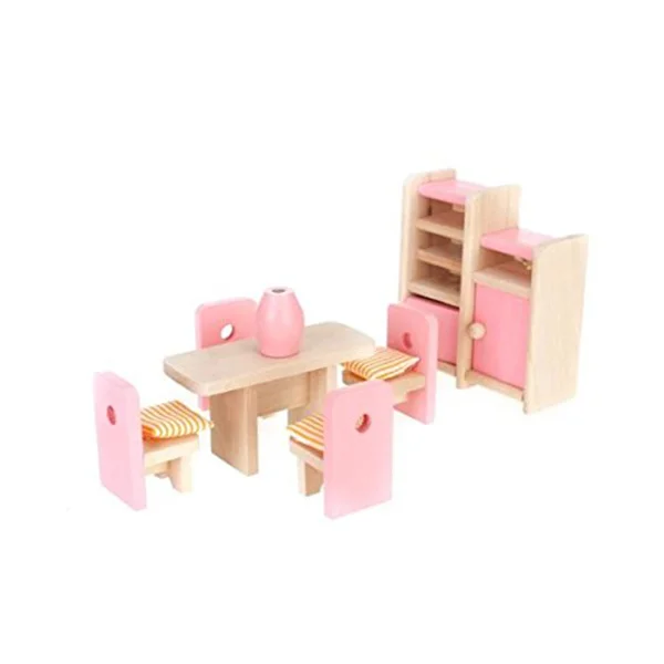 

mini house Dining Room Wooden Furniture Set Table+Chair+Display Unit+Vase mini house furniture house furniture