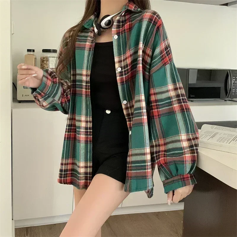 

Female Vintage Fashion Single Breasted Blouse Plaid Shirt Women Autumn Long Sleeve Top Ladies Preppy Style Loose Check Shirts