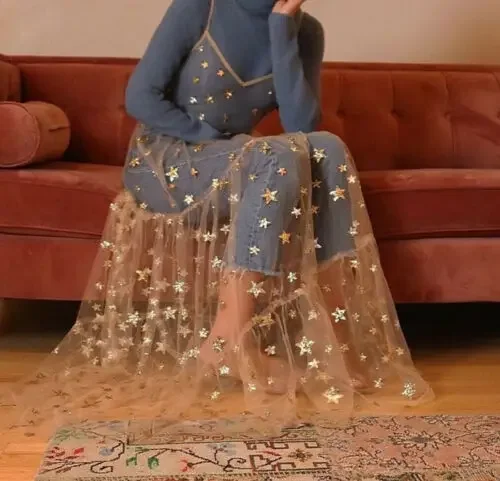 

Summer Sweet Tulle Spaghetti Straps See Through Long Women Dresses Fashion Bling Bling Dress