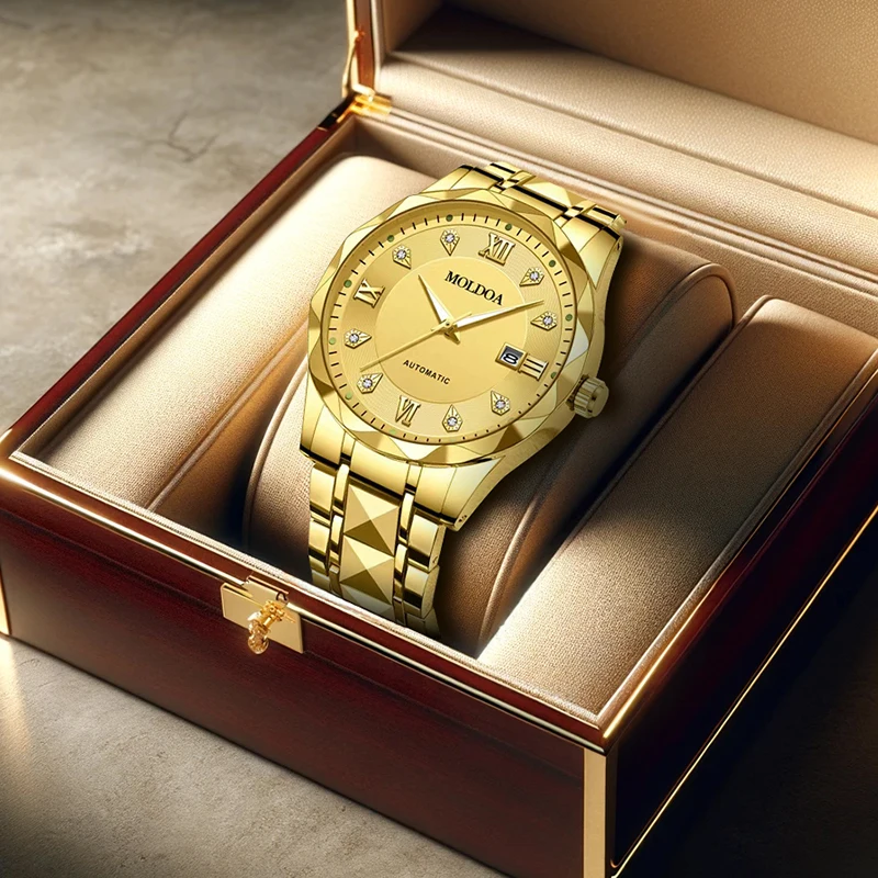 

Мужские золотые роскошные часы в деловом стиле с календарем и кварцевым ремешком из нержавеющей стали.