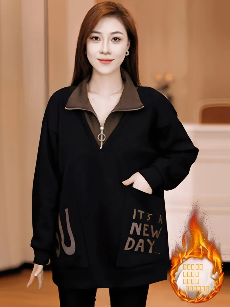 

Women's Fce Lined Thiened Long Sve Sweatirt Winter Warm Loose Fit T-irt Korean Sle Commute Faion Casual Wear