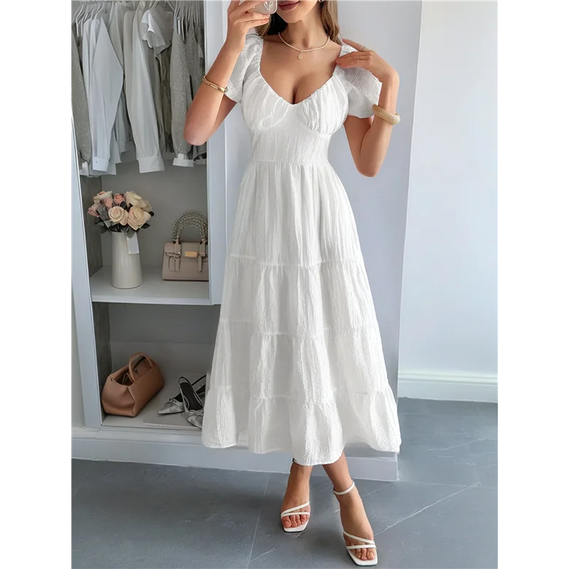 CYL-Women's Summer Casual Midi Dress Puffy Short Sleeve V-Neck Smocked Tiered Ruffle Dresses