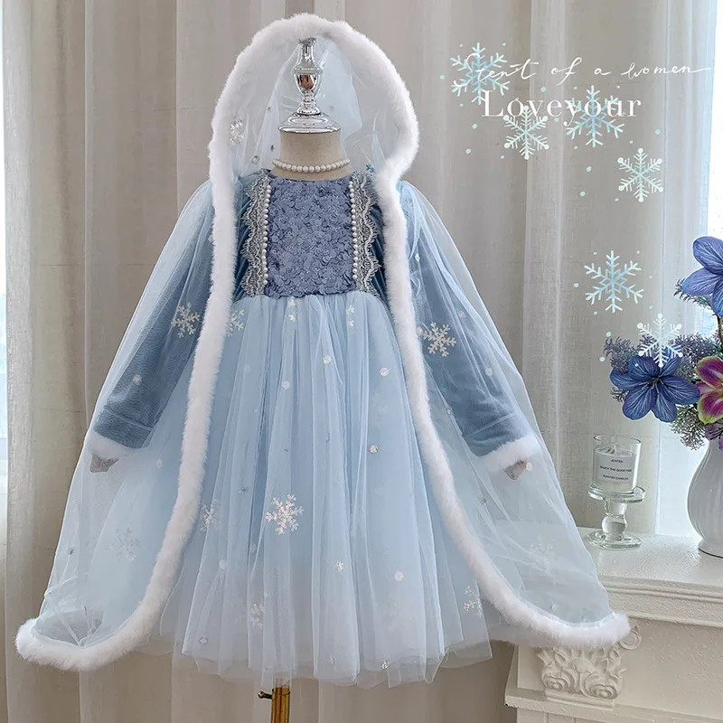 Princess Dress, Beautiful Baby Girls' Winter Clothing 2025 New Style, Plush Dress, Cloak Two-piece Set