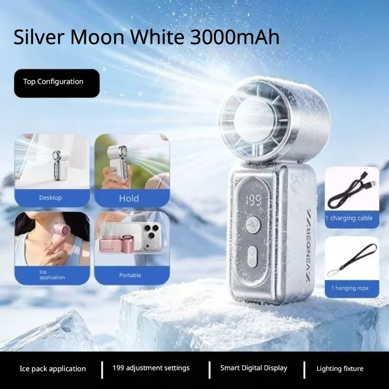 3000mAh Portable Handheld Ice Cooling Fan with Ice-Ceramic Refrigeration, 199 Infinite Speed Adjustable Mini Pocket Fan