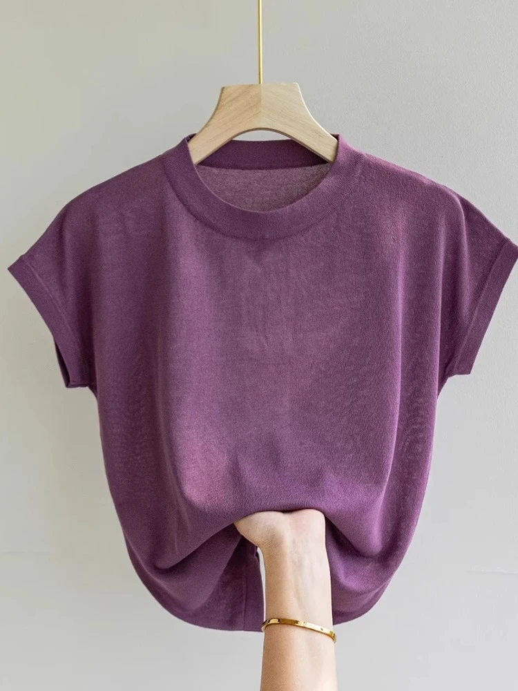 

Корейская летняя новинка: универсальный топ из высококачественного ледяного шелка, однотонный, простой, с коротким рукавом, вязаный, для повседневной носки, антивозрастной эффект