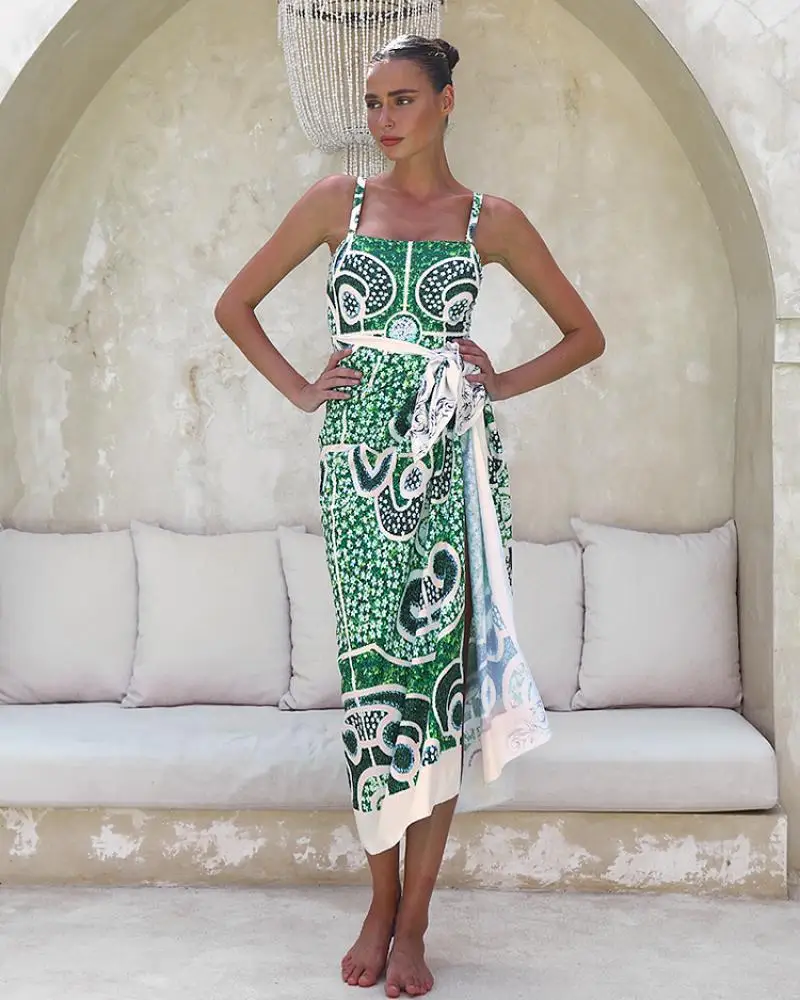 Flaxmaker 2024 Garden Printed One Piece Swimsuit and Sarong Women Summer Sexy Swimwear Sets Holiday Beachwear