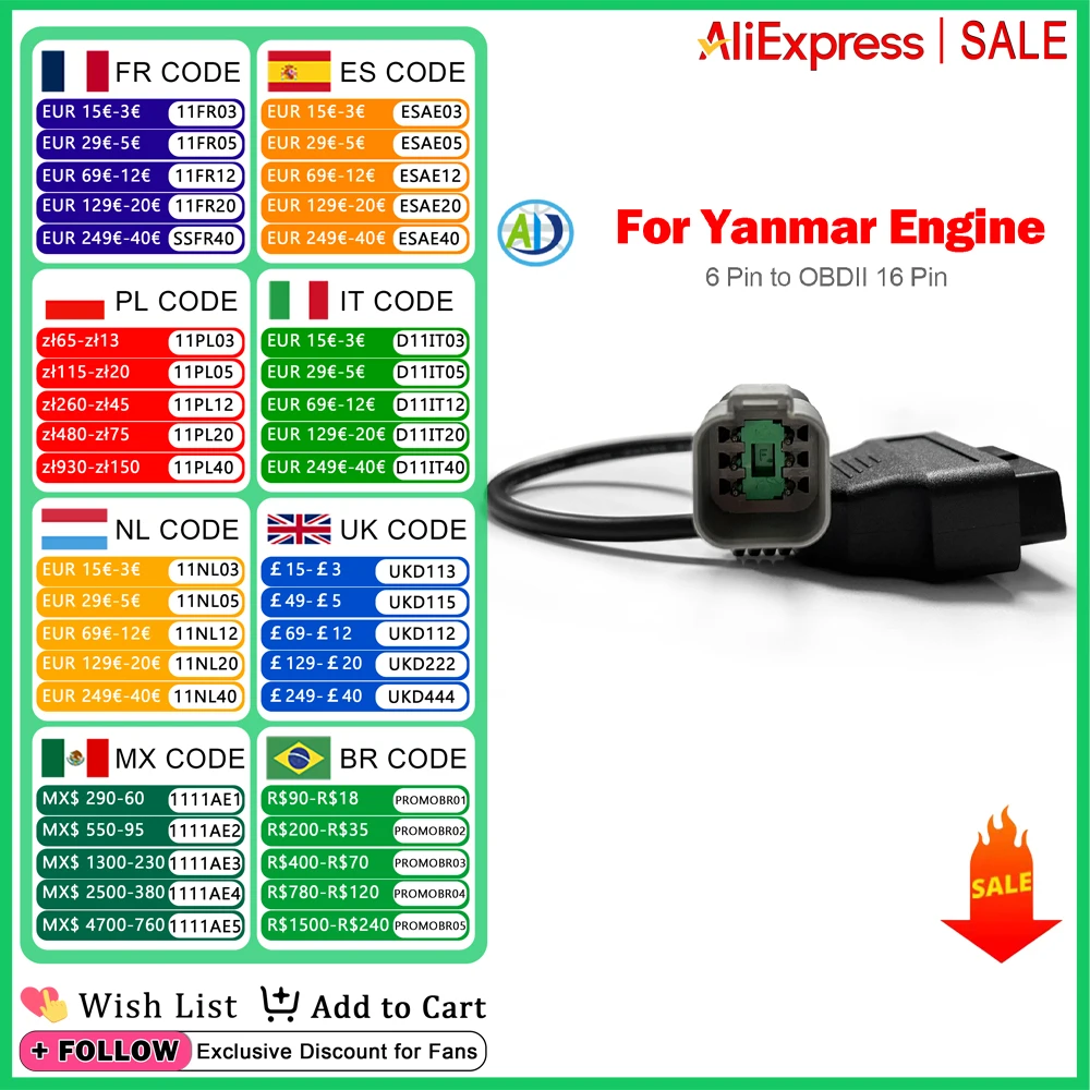 

OBD2 Diagnostic Cable For Yanmar Engine System 6 Pin to 16 Pin For 24V Diesel Vehicles OBDII Car Diagnostic Adapter Connector