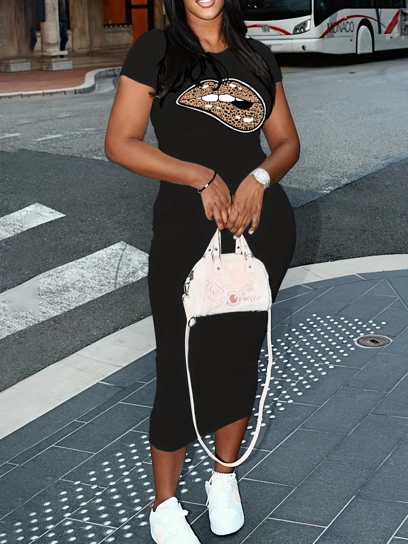 Abito estivo nero sexy da donna con stampa leopardata stampa labbra casual slim fit manica corta girocollo T-shirt mini abito