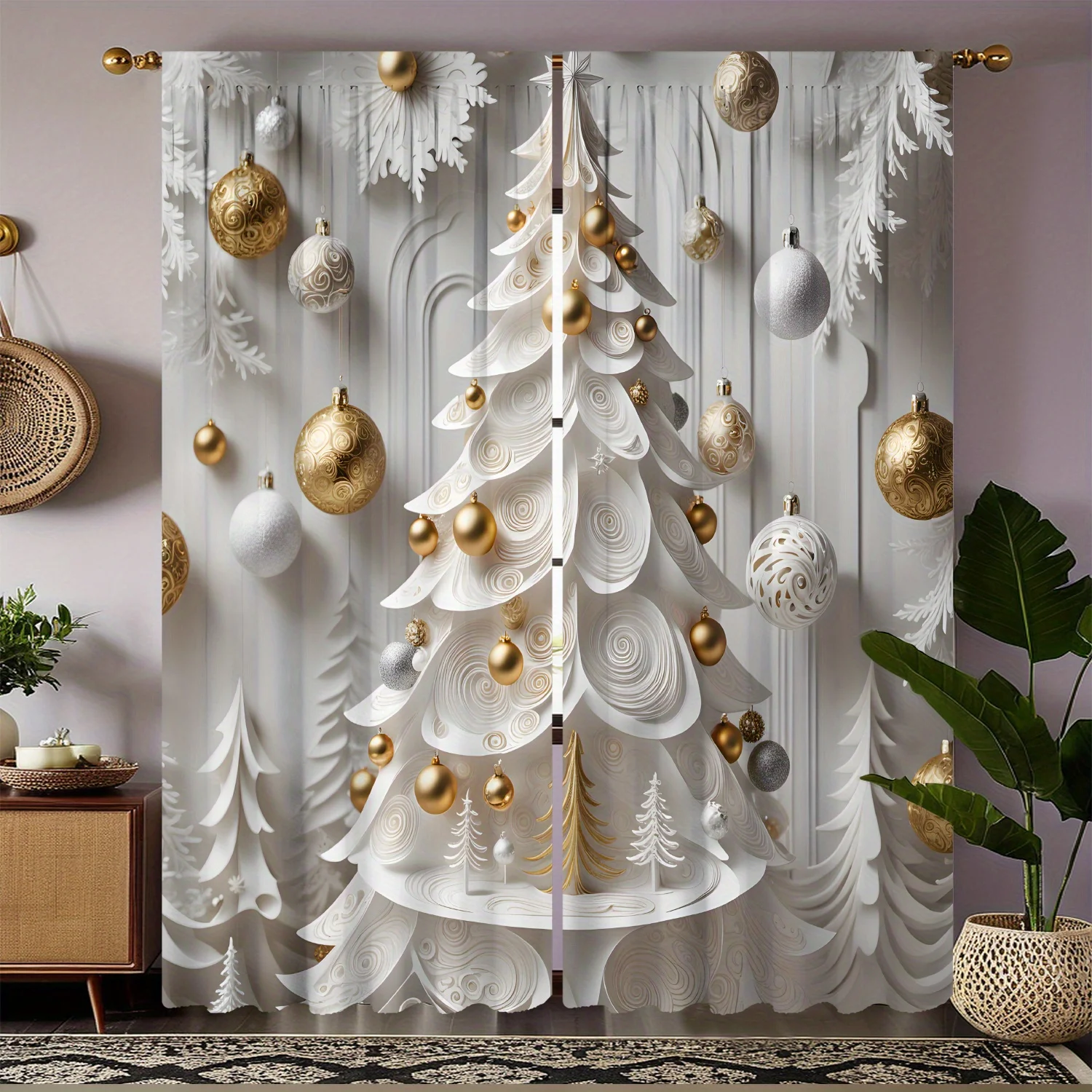 2pcs White and Gold Christmas Tree Curtains – Rod Pocket Design for Festive Holiday Decor in Living Room Bedroom and Dining Room