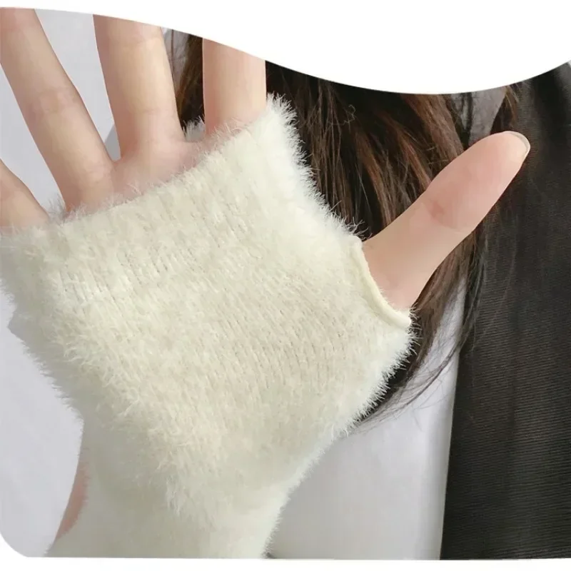 Plush Fingerless Gloves Knitted Fleece Long Gloves Japanese Style Winter Warm Mittens for Women Girls Solid Elastic Arm Warmers