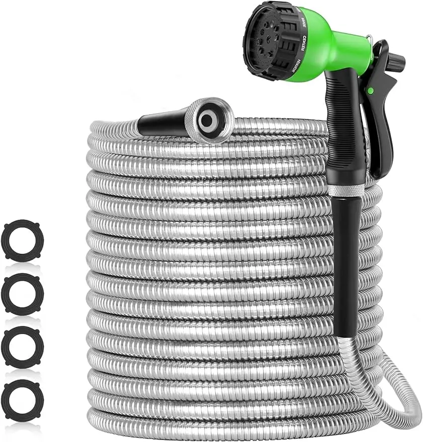 

100ft 304 Stainless Steel Garden Hose Metal, Heavy Duty Water Hoses with Nozzles for Yard, Outdoor - Flexible, Never Kink&Tangle