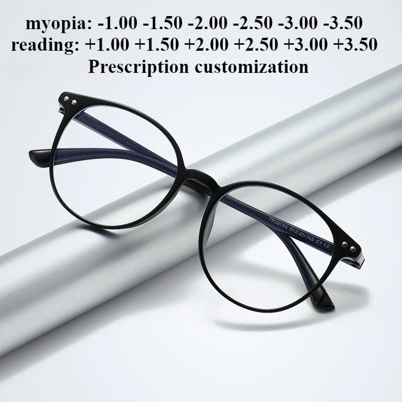 

Сверхлегкие ретро-черные круглые очки TR90 с защитой от синего света, очки для близорукости, очки для чтения по индивидуальному заказу + 1,00