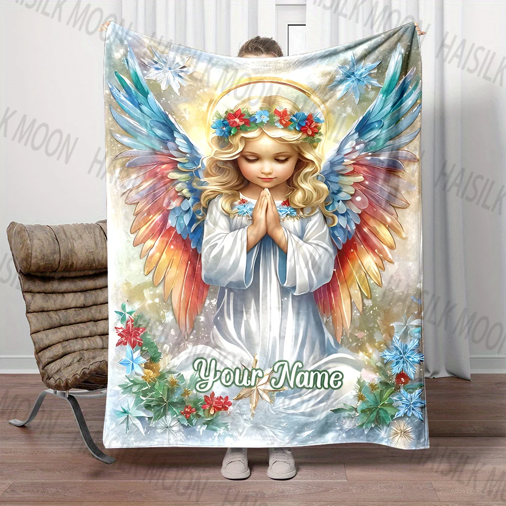 6 Sizes Customized Name Personalized Blanket Angel Print Warm and Comfortable Blanket for Adults and Children for Gifts