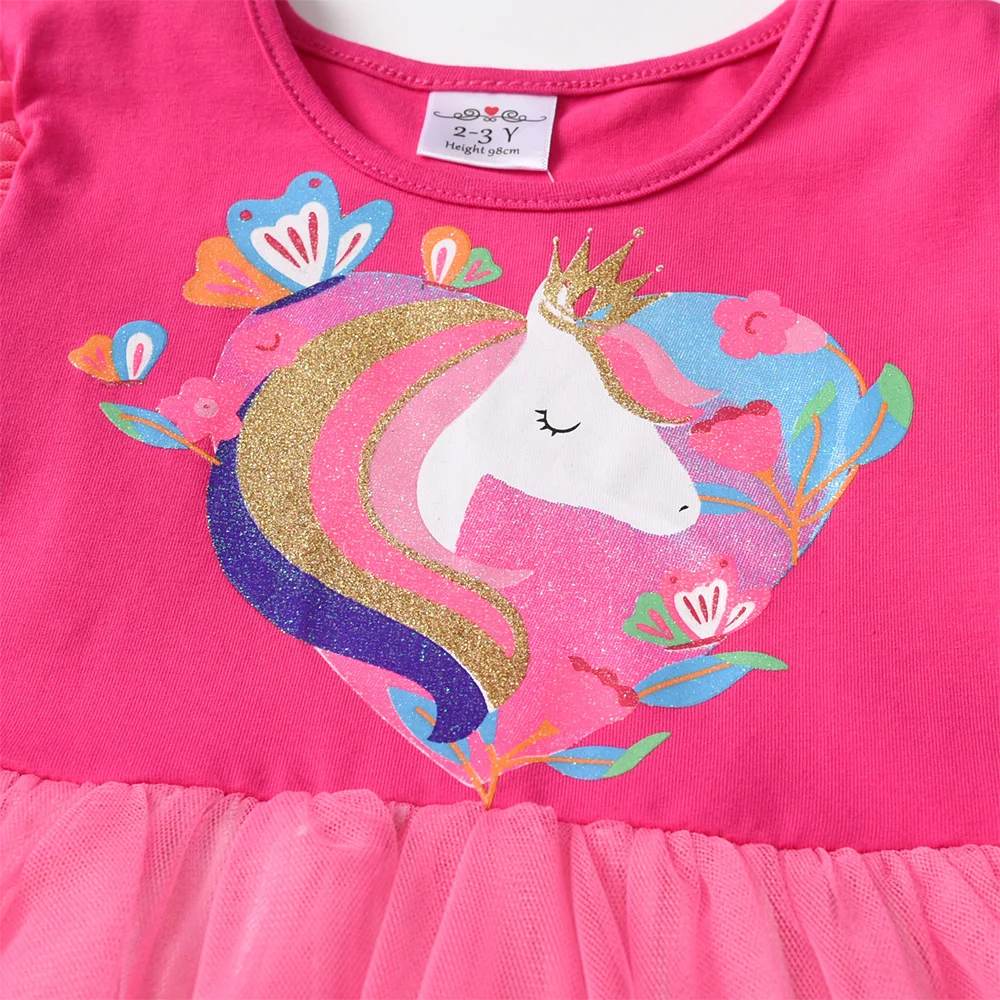 VIKITA Neue Mädchen Einhorn Rosa Kleid Kinder Layered Mesh Tüll Tutu Prinzessin Kleider Kinder Abendkleid Langarm Herbst Frühling Kleid – Detail 3