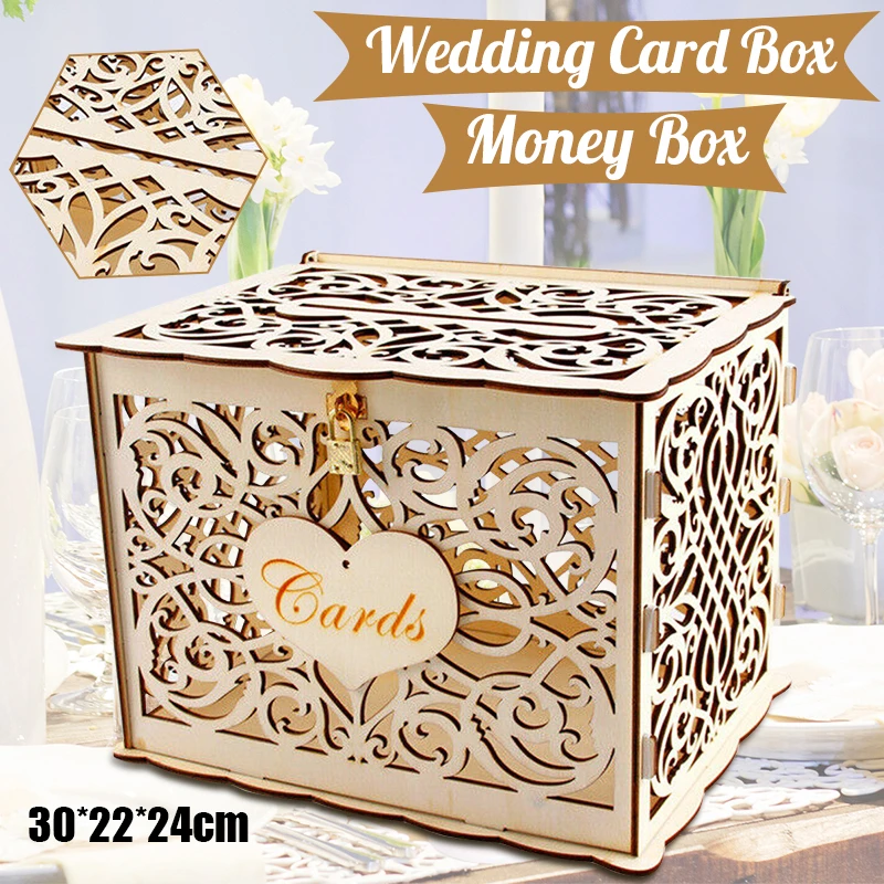 30X24X21cm DIY Wedding Gift Card Box Wooden Money Box with Lock Beautiful Wedding Decoration Birthday Party Supplies