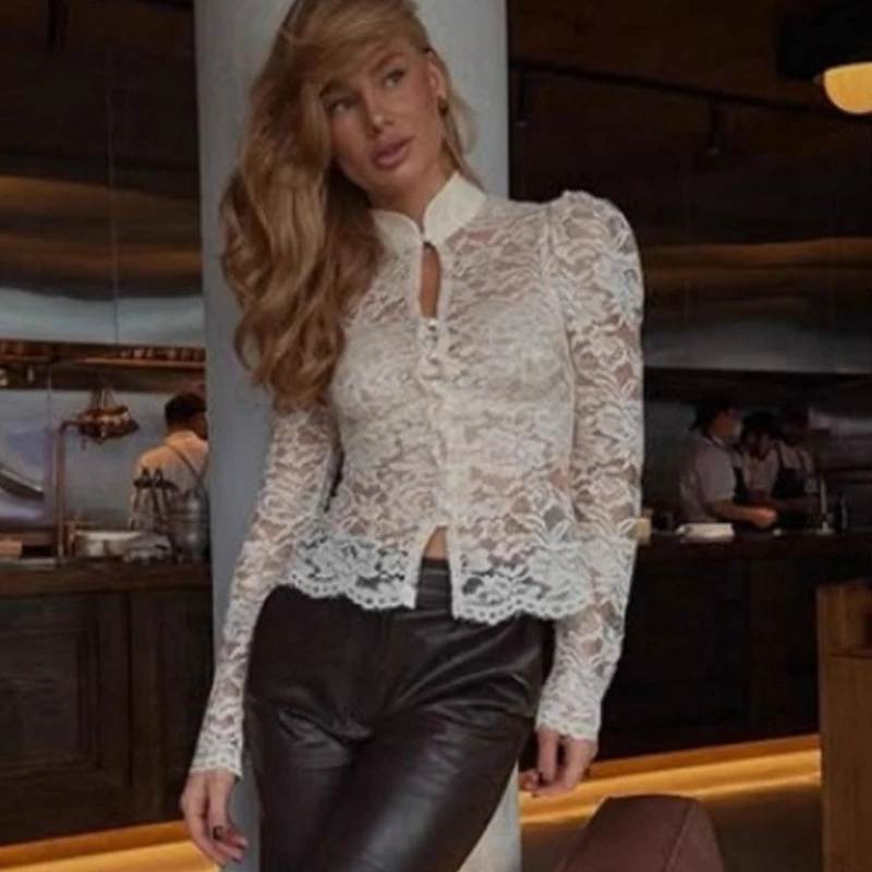 

TARUXY Lace Cheongsam Collar Women's Top Base Layer Solid Hollowed-out See-Through Stand Collar Short Style Cardigan Coat Female