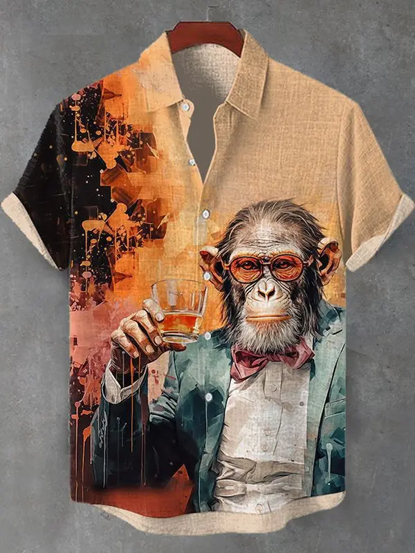 

High end men's primate 3D printed high-definition pattern button short sleeved shirt, fashionable and casual outdoor 2024 shirt