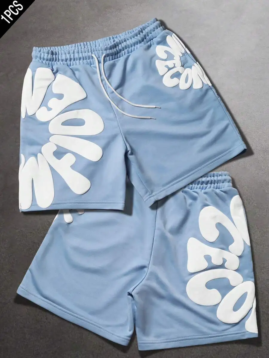 

Mens Letter Print Drawstring Waist Casual Loose Shorts
