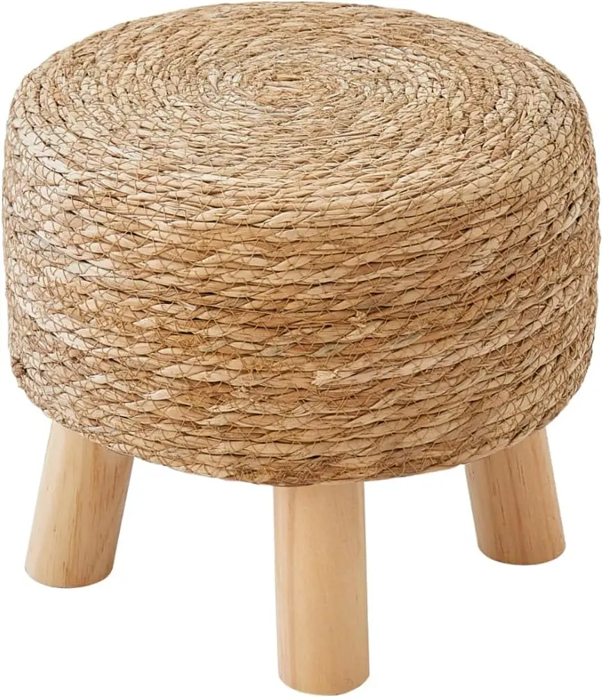 

Round Ottoman Natural Seagrass Footstool, Round Footstool With 4 Wood Legs, Hand Woven Round Footstool Sofa Stool,