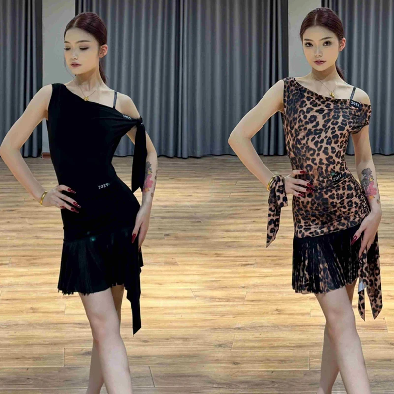 

Adults Latin Dance Clothing Sloping Shoulder Top Fringed Skirt Women Latin Dance Competition Costume Training Suits SL12885
