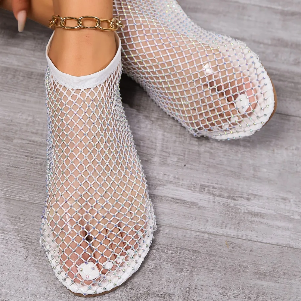 Fashion Holiday Rhinestone Sandal Slipper Non-Slip Flat Shoes Mesh Seaside Sandals Waterproof Shiny Sexy Ankle Boot Summer