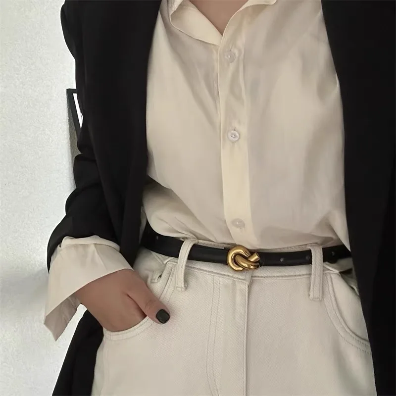 Niche Braided Snap Button Retro Thin Waist Belt for Dresses and Coats, Simple Geometric Smooth Buckle Small Leather Belt