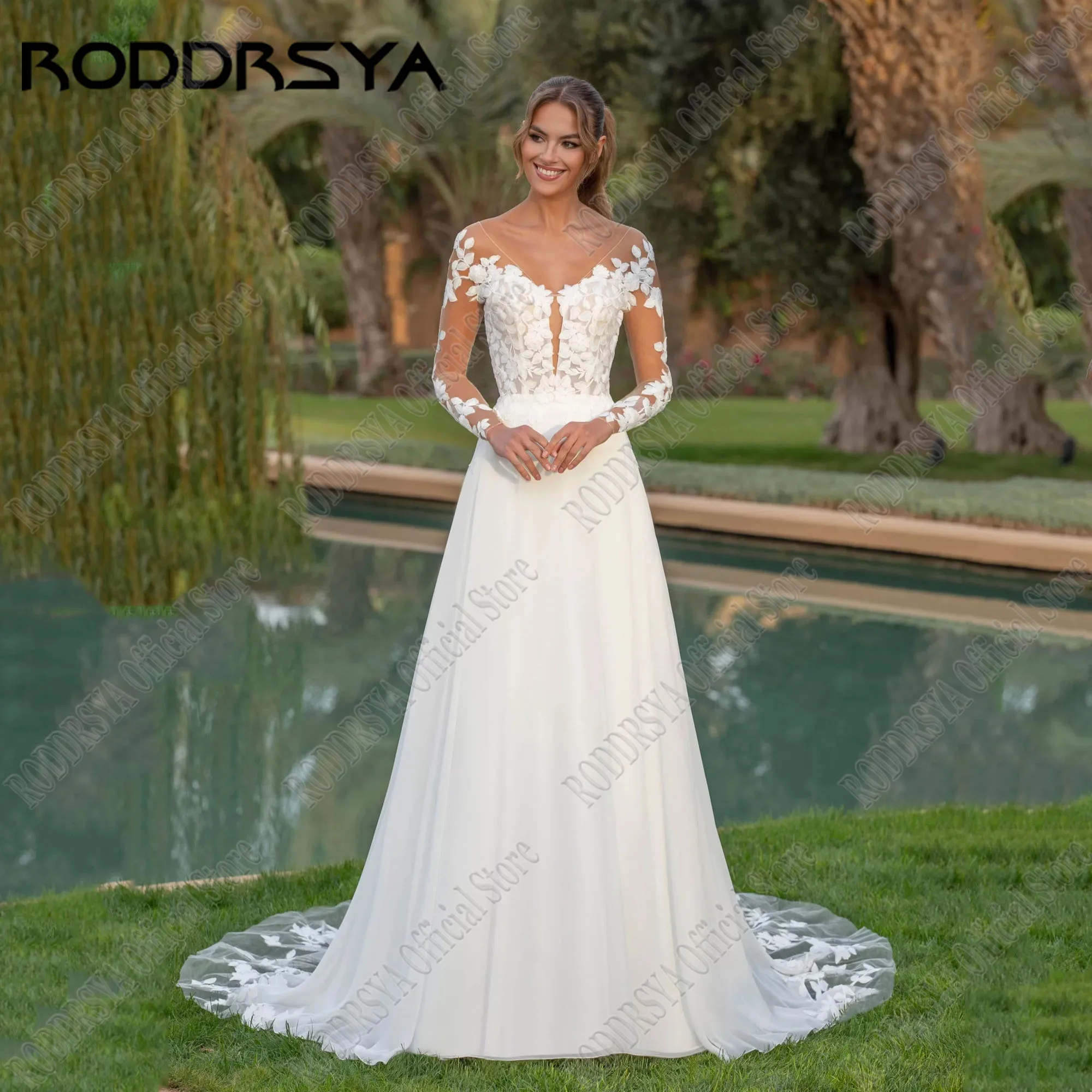 

RODDRSYA Chiffon A-Line Wedding Dresses For 2024 Bride Long Sleeves V-Neck Civil Bridal Gowns Backless Applique robe de mariée