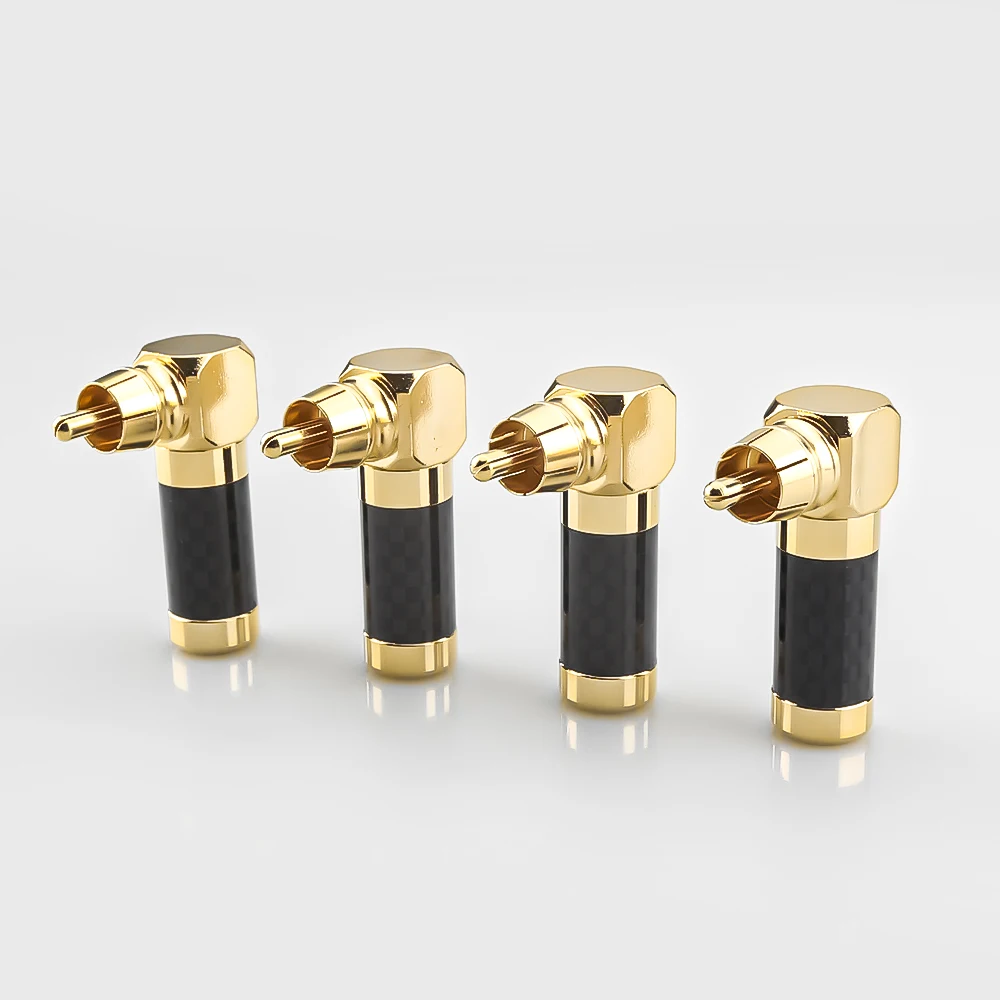 أسود ألياف الكربون 4 قطعة 24K الذهب 90 درجة الزاوية اليمنى المتكلم RCA المقابس الصوت جاك موصل للصوت ايفي الموسيقية