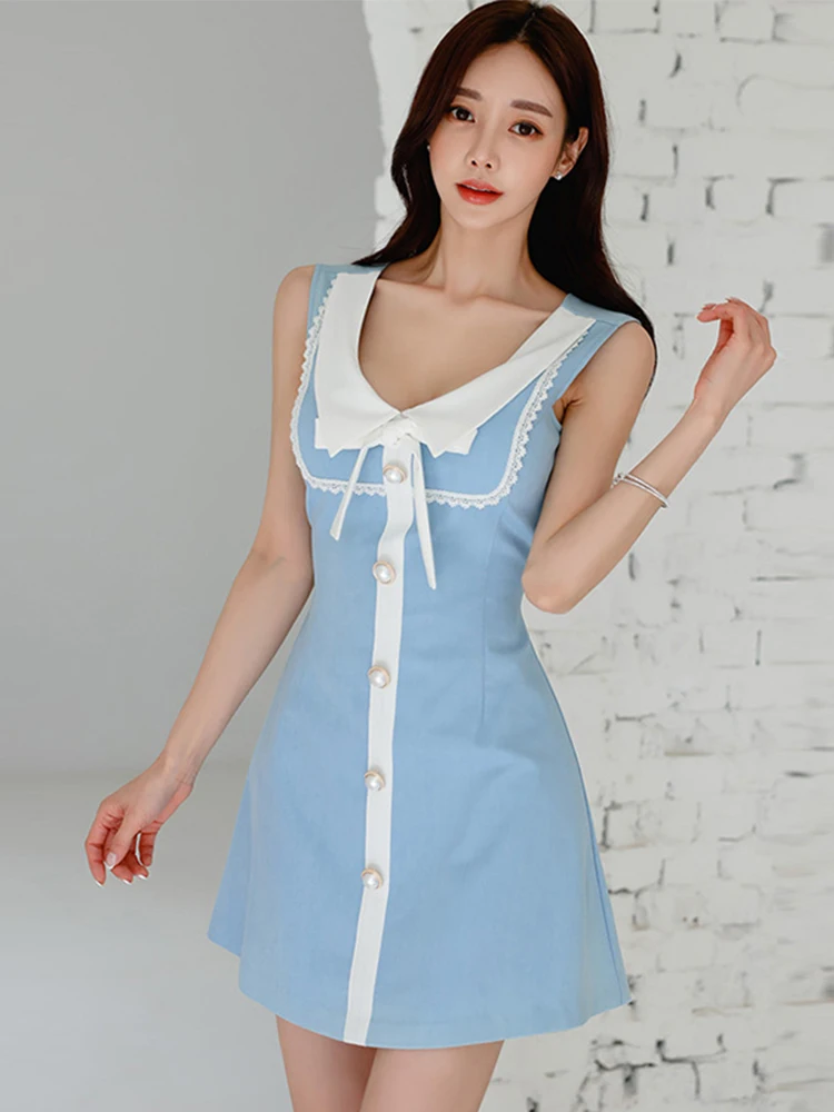 Fashion Korean Summer Elegant Women Short Dress Vintage Bow Sexy Sleeveless Slim Mini Dresses Party Ladies Streetwear Vestidos