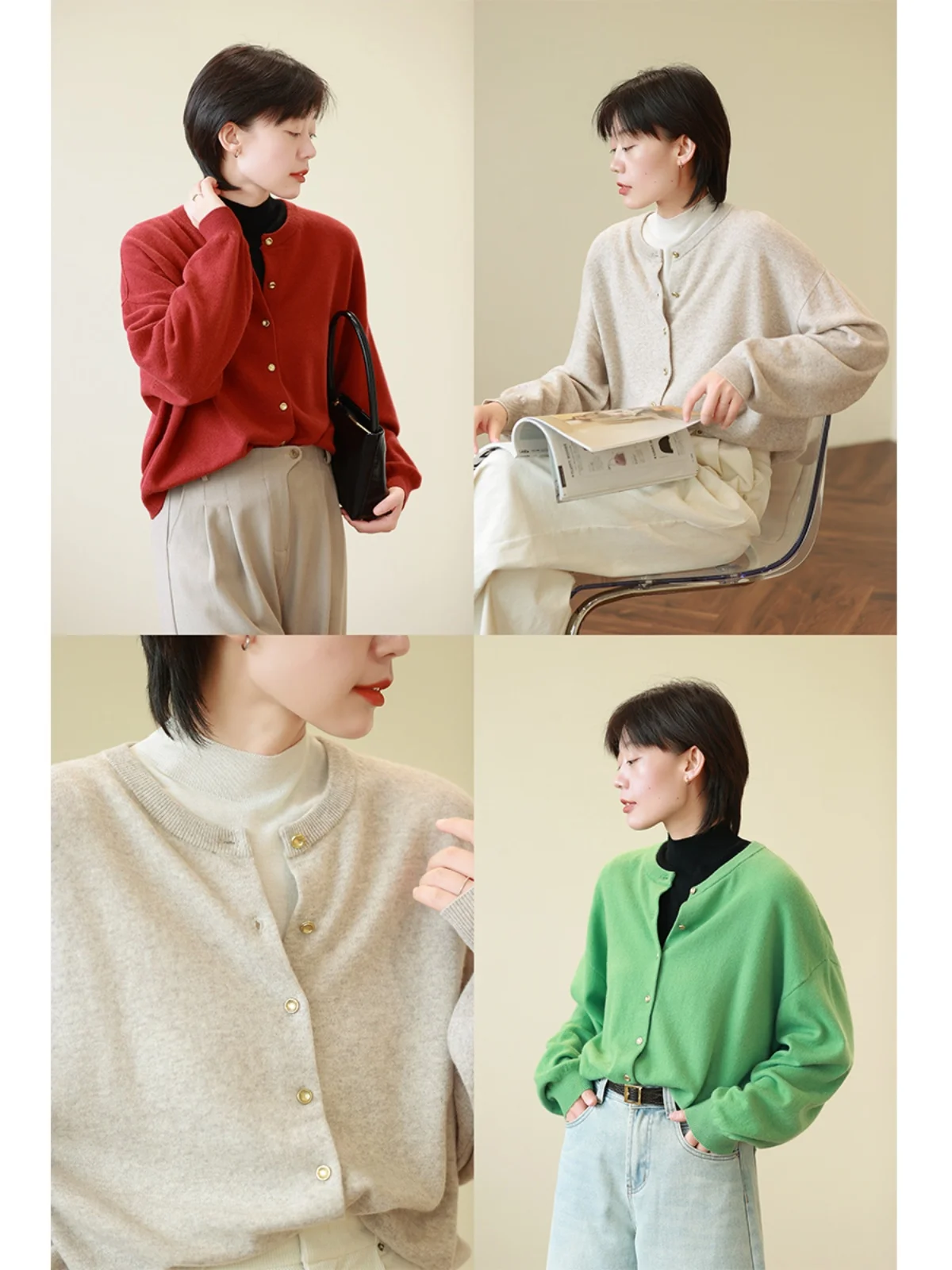 

Свободный вязаный кардиган-пальто на пуговицах из кашемира красного и зеленого цветов для женщин, осенне-зимняя новинка, эксклюзивно онлайн