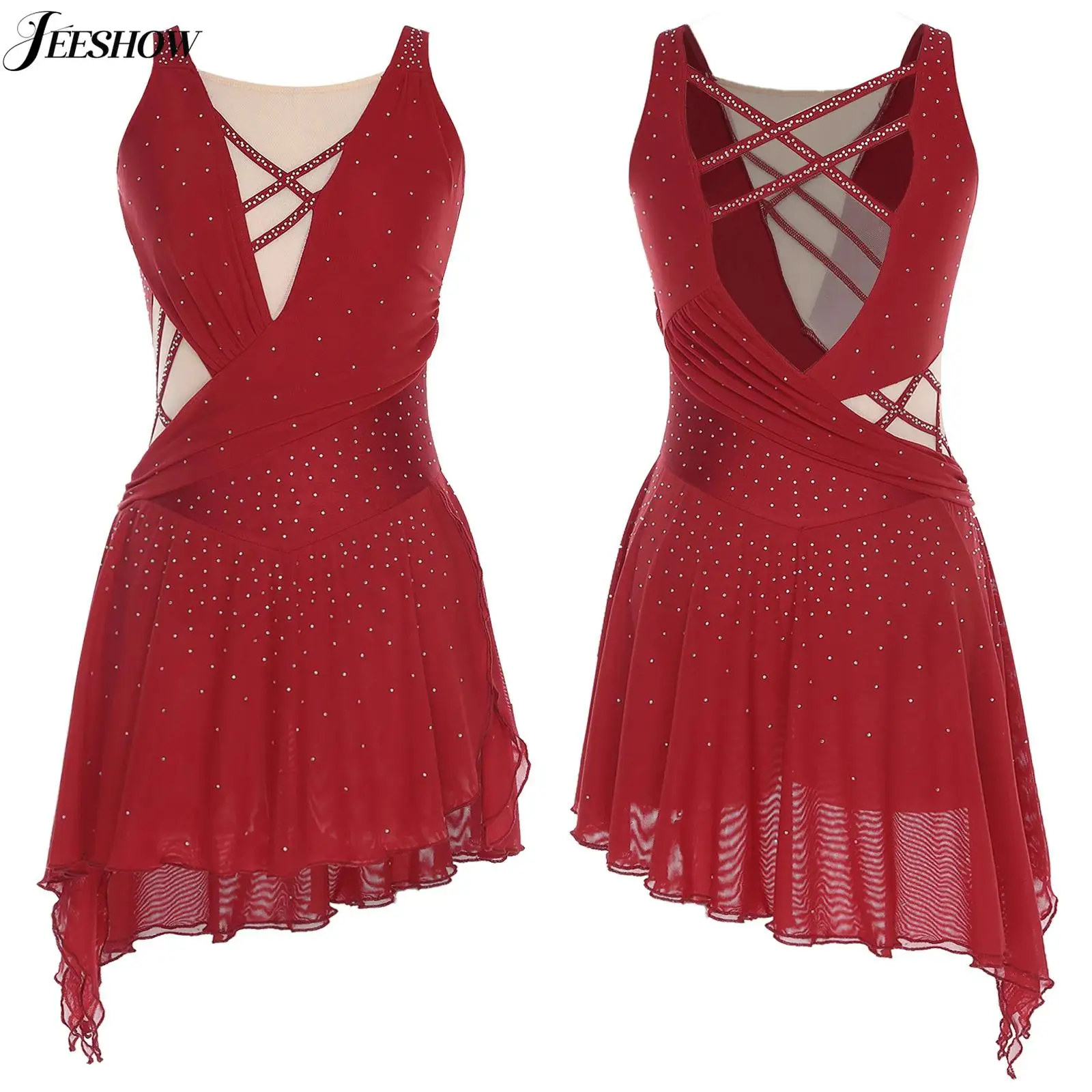 

Женский лирический танцевальный костюм с блестящими стразами и открытой спиной с боковым разрезом, струящаяся юбка, купальник, танцевальное платье для фигурного катания