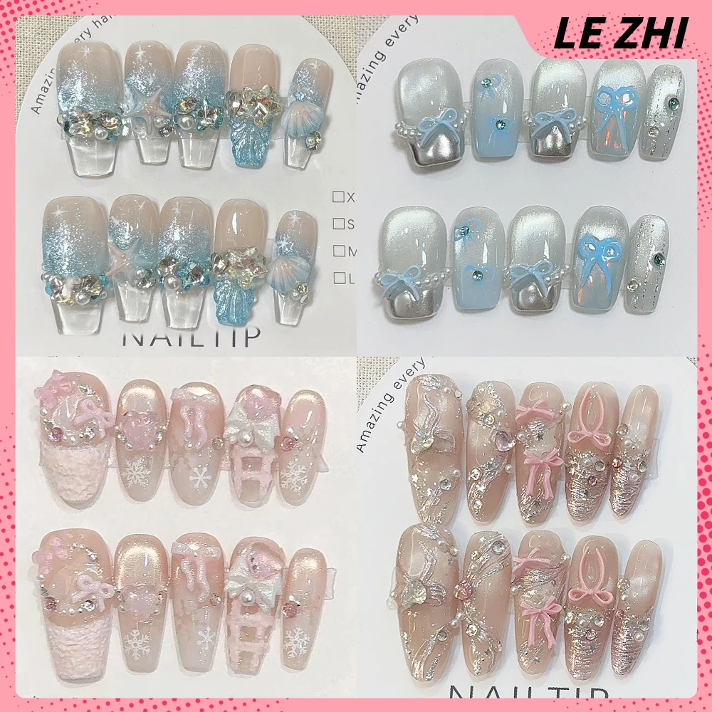 

Sweet Lovely Winter Snowflakes Series Handmade Long Coffin Wearable Fake Nail Bowknot Pearl Diamond Cat Eyes Press On Nails Gift