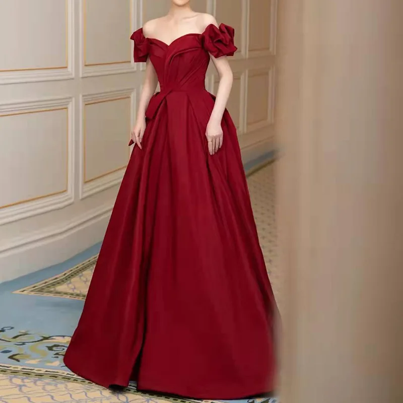 2023 Women Burgundy Off Shoulder Wedding Dresses Elegant Formal Long A-Line Prom Party Gowns