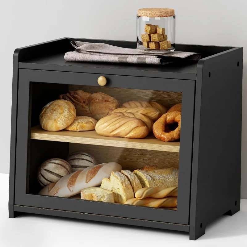 

Black Bread Box for Kitchen Countertop, Large Bread Storage Container for Homemade Bread, Wood Farmhouse Breadbox Organizer for