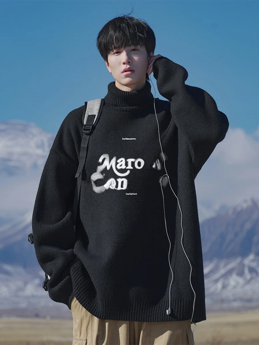 

Thiened High Collar Knitted Sweater Men's Winter Faion Loose Sli Inner Wear Base irt Trendy Hong Kong Sle