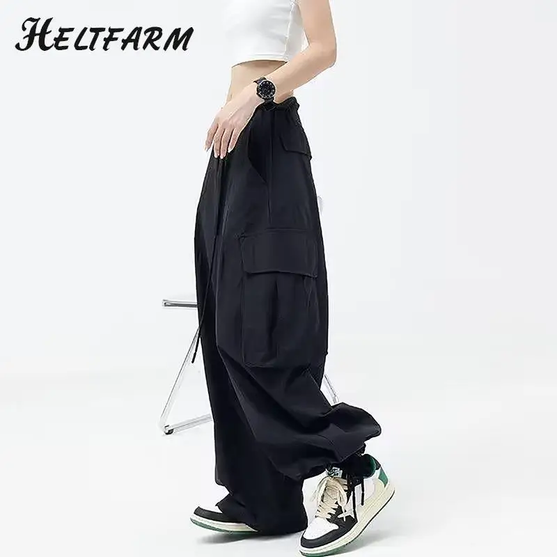 

High Street Parachute Cargo Pants Large Pocket Drawstring Wide-Leg Pants For Women Y2k Bottoms