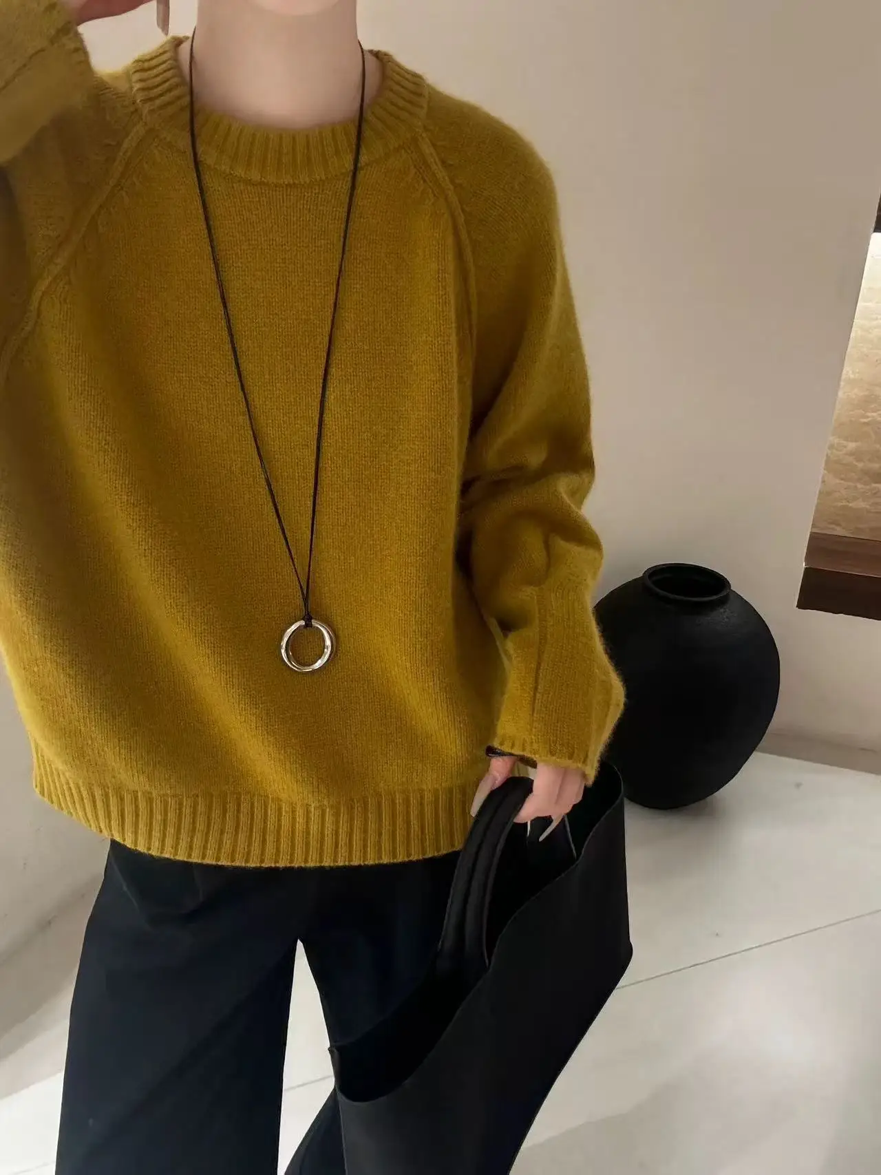 Maglione lavorato a maglia di lana pullover tinta unita girocollo da donna con trama ampia, morbida e morbida, maglione base casual e semplice