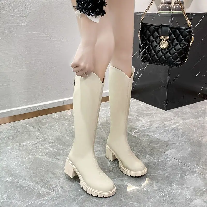 Shoes for Woman Round Toe Leather Women's Boots Footwear White Middle Heel Waterproof Spring 2024 Boot New in On Promotion Trend