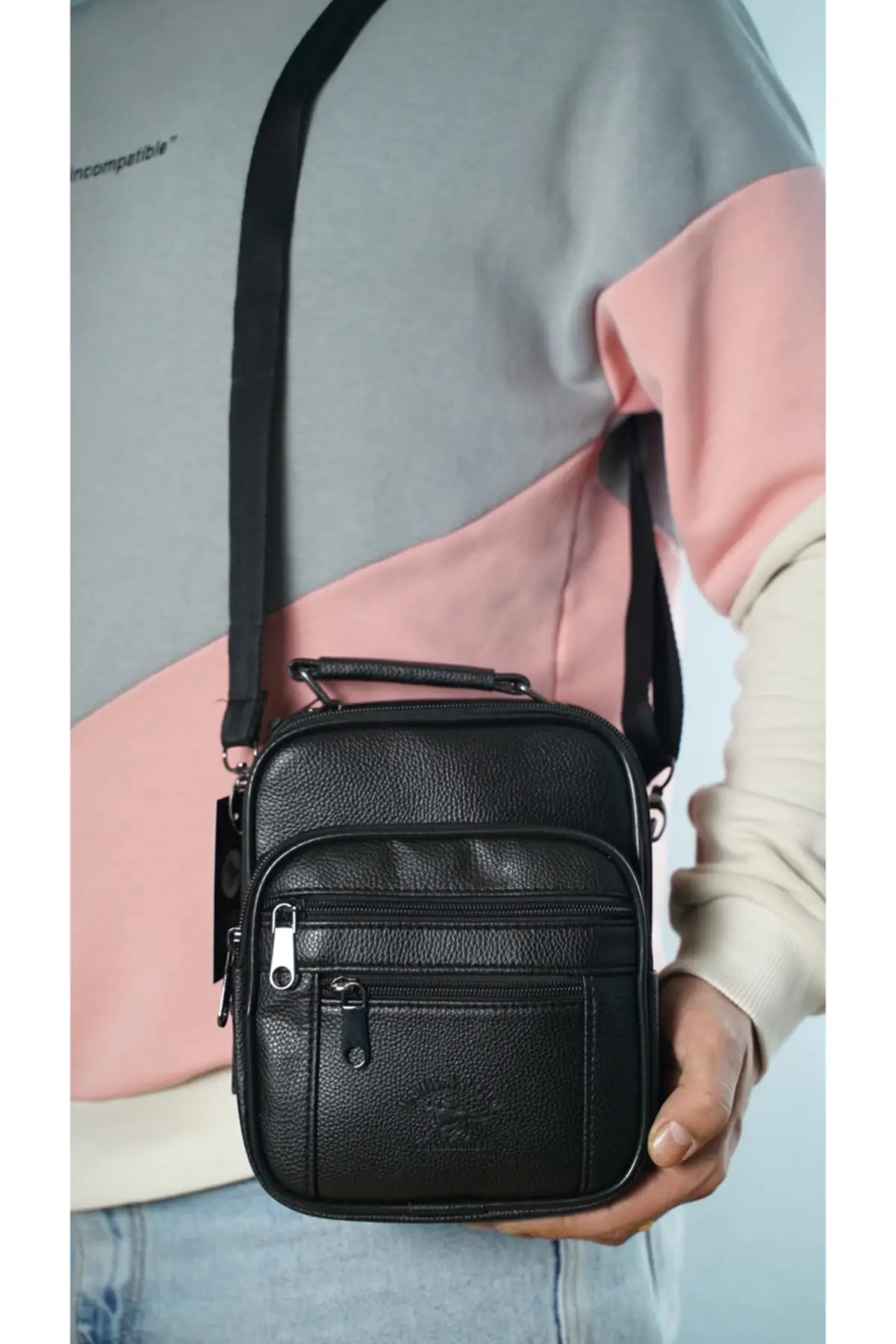 حقيبة كتف جلد سوداء للرجال حقيبة كتف و يد أنيقة مفيدة متعددة الوظائف تسليم سريع وآمن موديل 2022