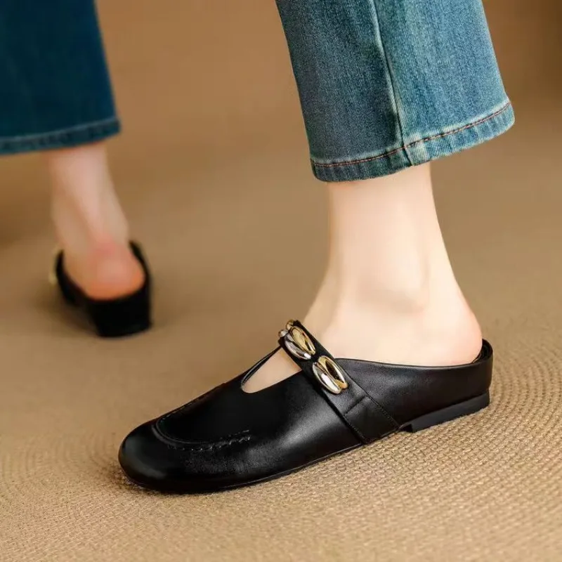 

Slippers Women's 2025 New Round Head Half-drag Sandals Womens Retro Metal One-word Strap Low-heeled Bag Head Shoes Women