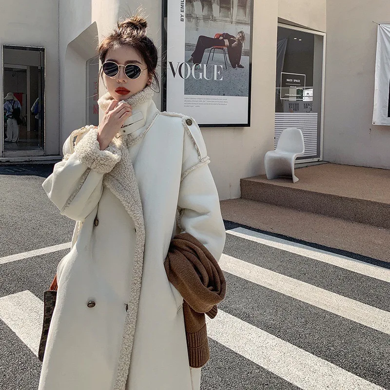 White Lambwool Lined Long Jackets Coats Tops Fall Winter Casual Chaquetas Loose Korea New Jaqueta Women Elegant Fashion Casaco