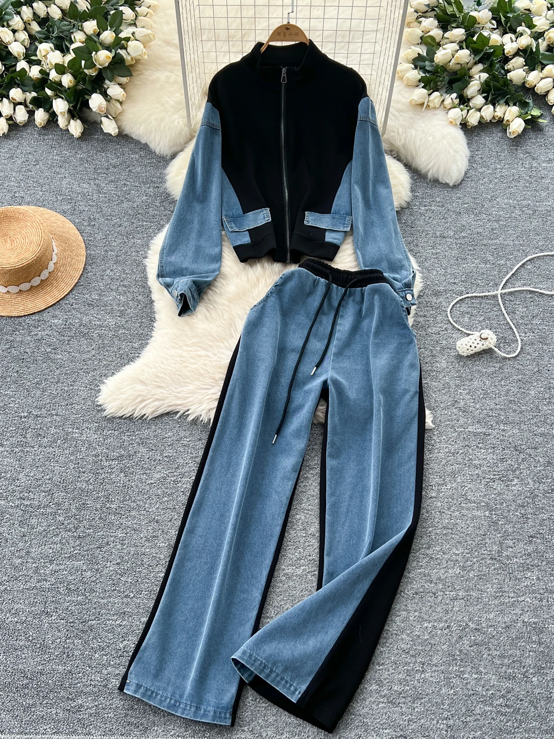 Costume décontracté à la mode, épissage contrasté, col montant, fermeture éclair, taille haute, pantalon en Denim à jambes larges, ensembles 2 pièces, tenues pour femmes