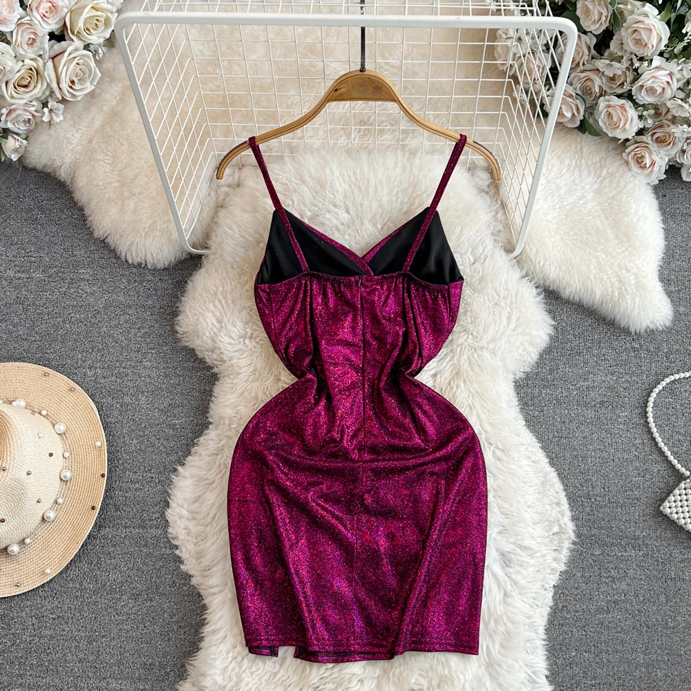 Foamlina Sexy Shinny Spaghetti Strap Dress Women Fashion Elegant V Neck Sleeveless High Waist Slim Mini Bodycon Night Club Dress