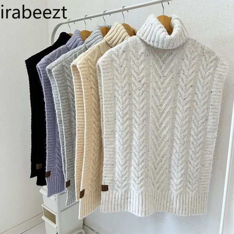 

Autumn and Winter New Fishbone Pattern Slouchy Style Niche Design Double-side Slit High-neck Cape Sweater Scarves