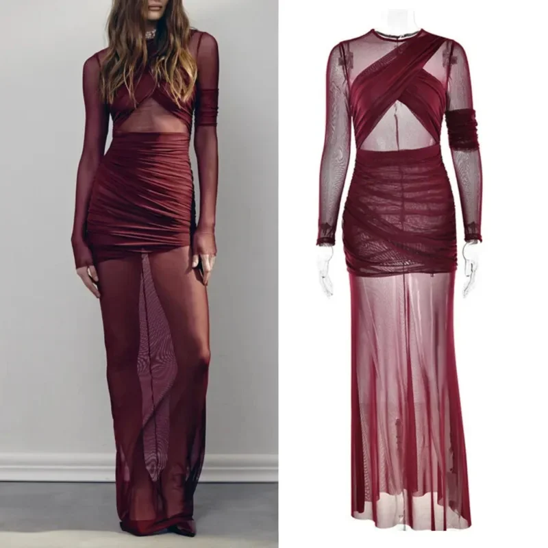 Elegante mesh ruches sexy maxi-jurk damesmode patchwork doorzichtige bodycon-jurken met lange mouwen dame club feestavond gewaad