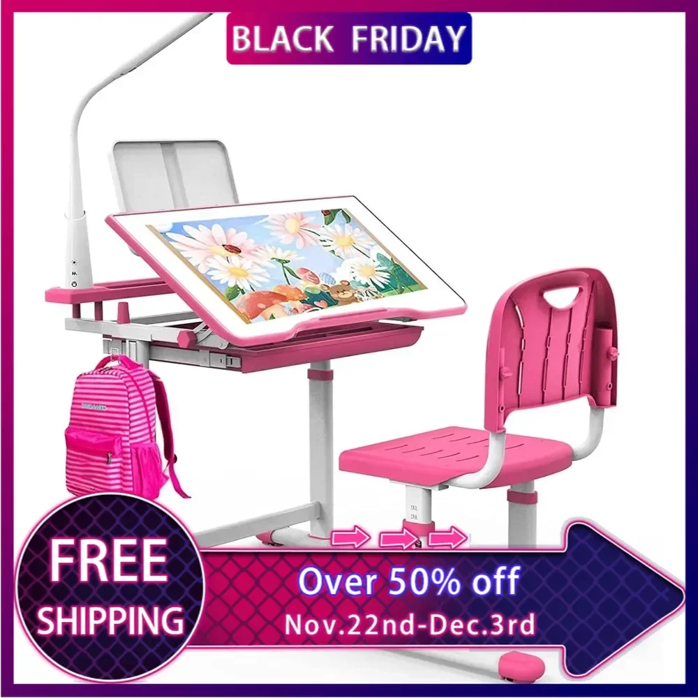 Kids Desk and Chair Set Multi Functional School Desk for Kids 5-8 Years Kids Study Desk with 40 Degree Tiltable Desktop