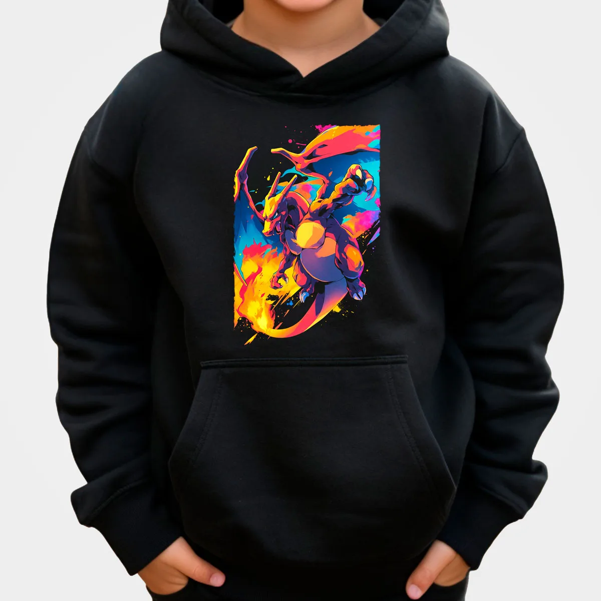Pokemon Anime Gengar Sudadera con capucha de algodón negro con efecto de salpicaduras rosa azul verde patrón brillante multicolor ajuste suelto Otoño Invierno