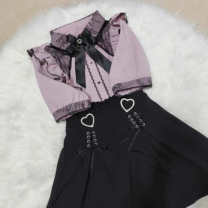 Kawaii النساء القمصان Jirai Kei لوليتا Y2K لطيف النمط الياباني بلوزة أنيقة طويلة الأكمام الحلو القمم قميص الجمالية غير رسمية 2024