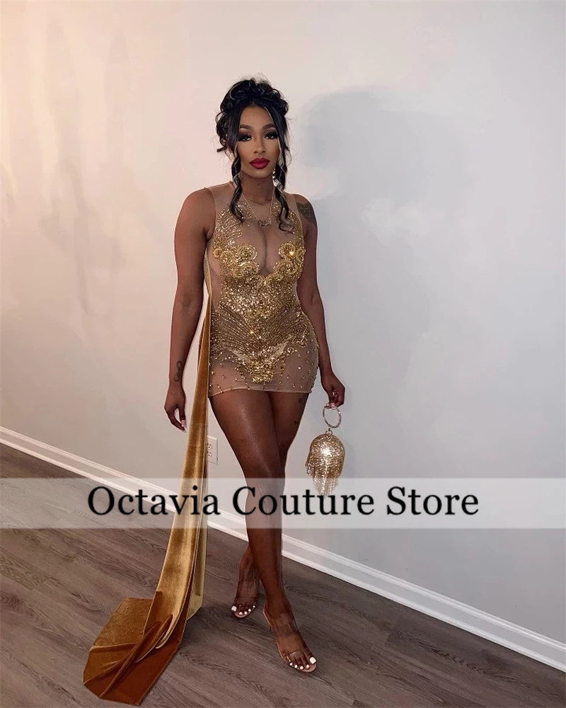 

Gold O Neck Short Prom Dresses For Black Girl Bead Crystal 2024 Birthday Luxury Dress Graduation Gown With Side Train Customized